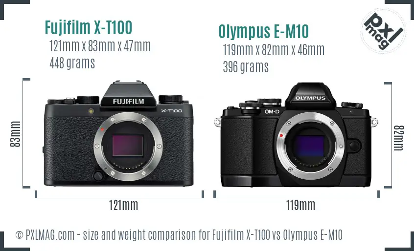 Fujifilm X-T100 vs Olympus E-M10 size comparison