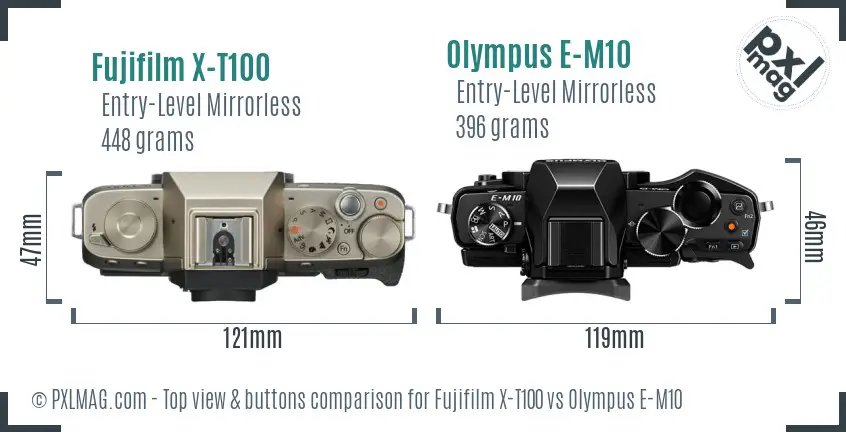 Fujifilm X-T100 vs Olympus E-M10 top view buttons comparison