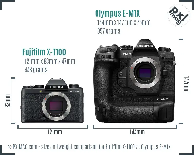 Fujifilm X-T100 vs Olympus E-M1X size comparison