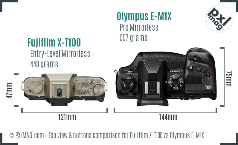 Fujifilm X-T100 vs Olympus E-M1X top view buttons comparison