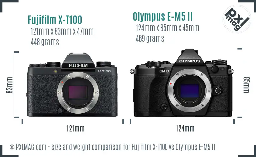 Fujifilm X-T100 vs Olympus E-M5 II size comparison Fujifilm X-T100 vs Olympus E-M5 II size comparison