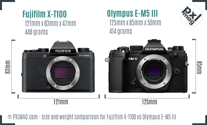 Fujifilm X-T100 vs Olympus E-M5 III size comparison