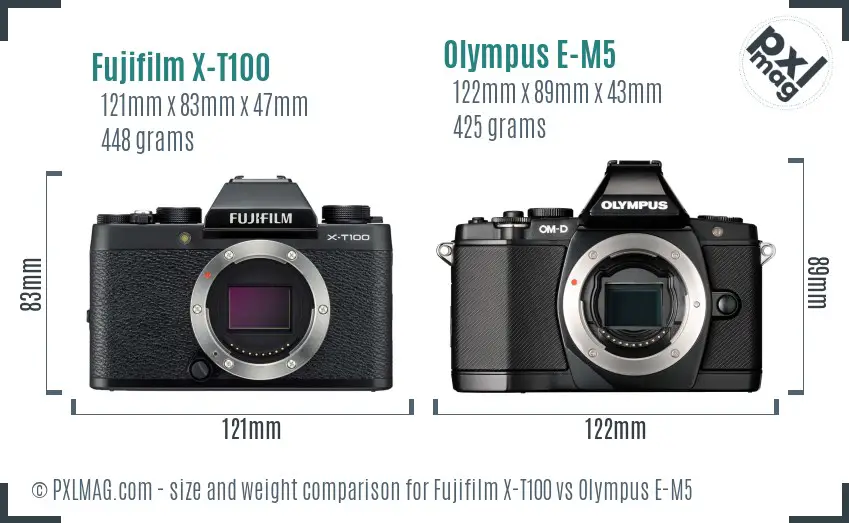 Fujifilm X-T100 vs Olympus E-M5 size comparison Fujifilm X-T100 vs Olympus E-M5 size comparison