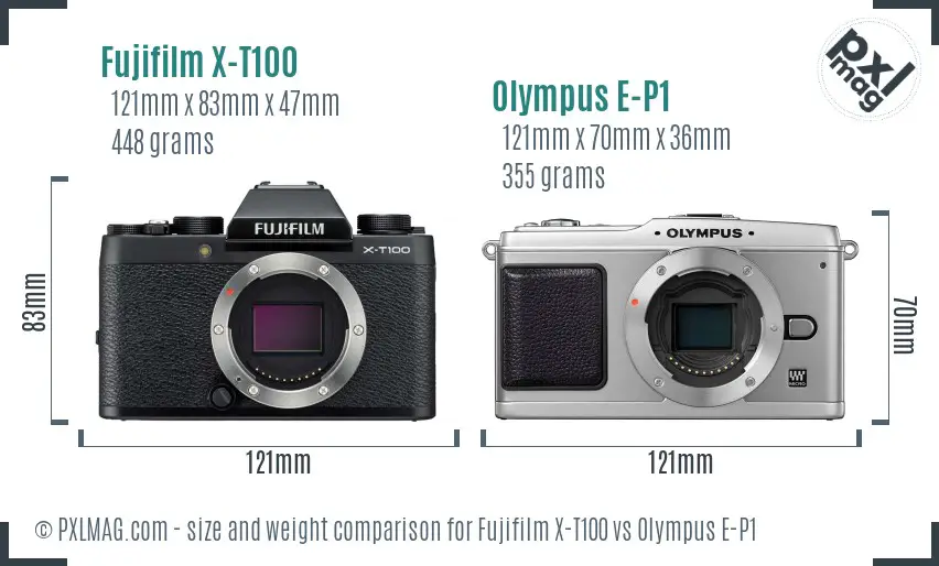 Fujifilm X-T100 vs Olympus E-P1 size comparison