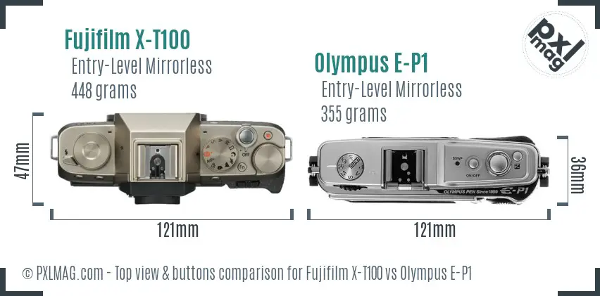 Fujifilm X-T100 vs Olympus E-P1 top view buttons comparison