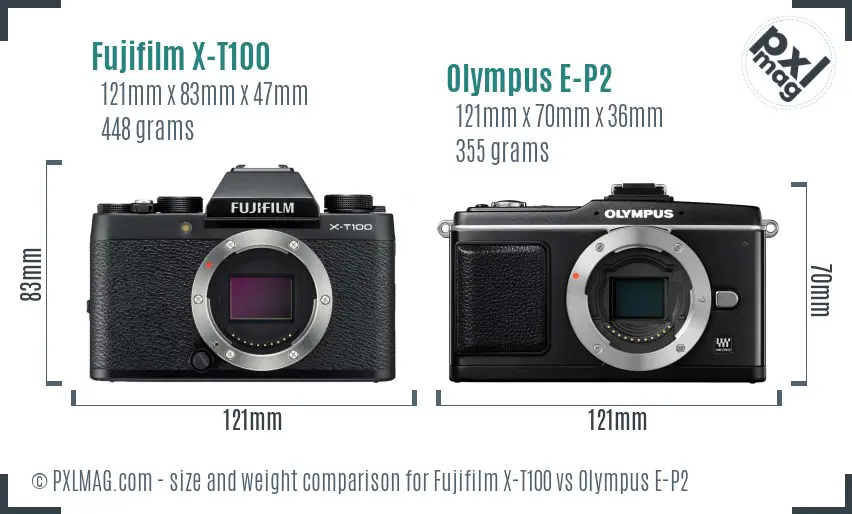 Fujifilm X-T100 vs Olympus E-P2 size comparison