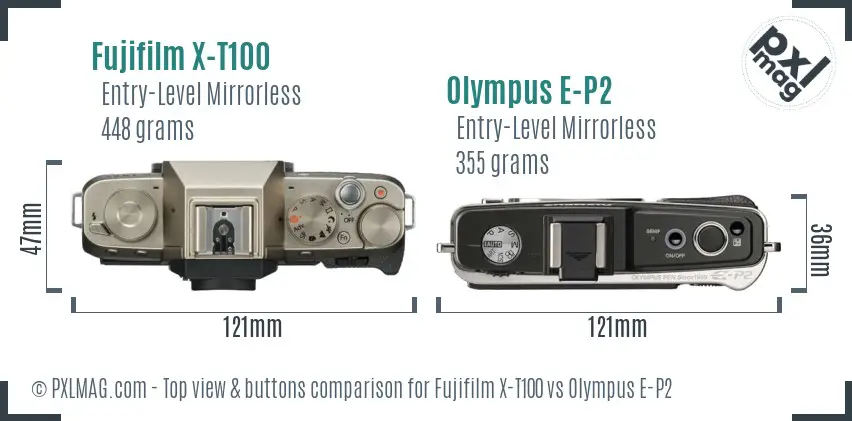 Fujifilm X-T100 vs Olympus E-P2 top view buttons comparison