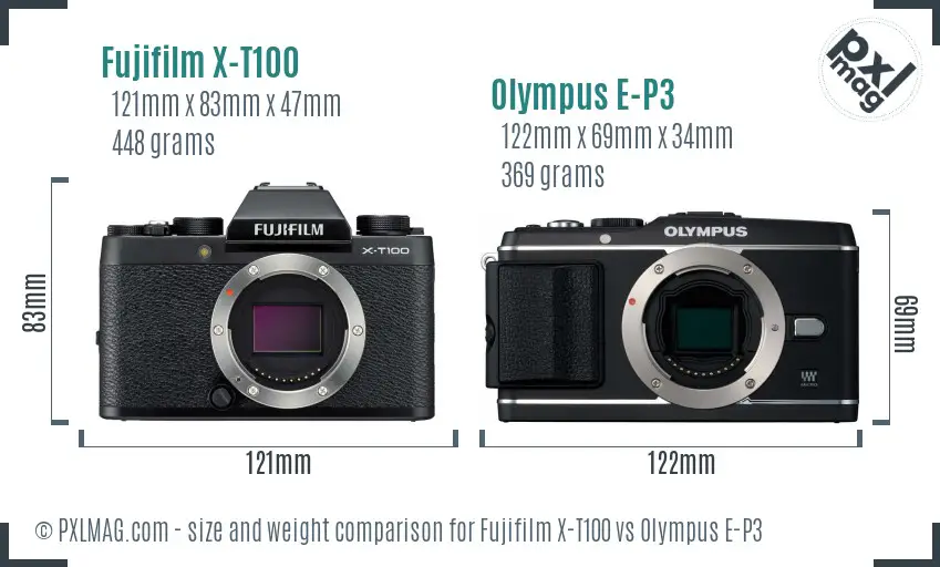 Fujifilm X-T100 vs Olympus E-P3 size comparison
