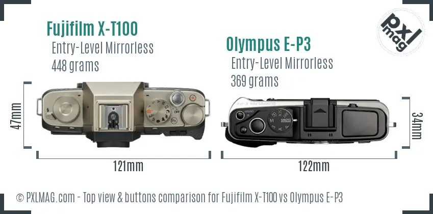 Fujifilm X-T100 vs Olympus E-P3 top view buttons comparison