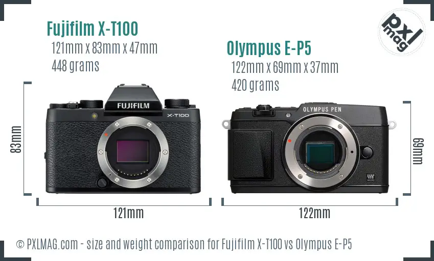 Fujifilm X-T100 vs Olympus E-P5 size comparison