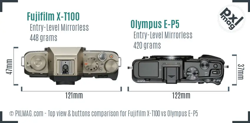 Fujifilm X-T100 vs Olympus E-P5 top view buttons comparison