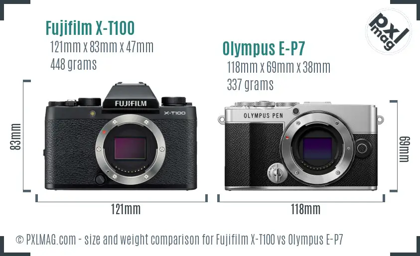 Fujifilm X-T100 vs Olympus E-P7 size comparison