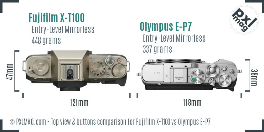 Fujifilm X-T100 vs Olympus E-P7 top view buttons comparison