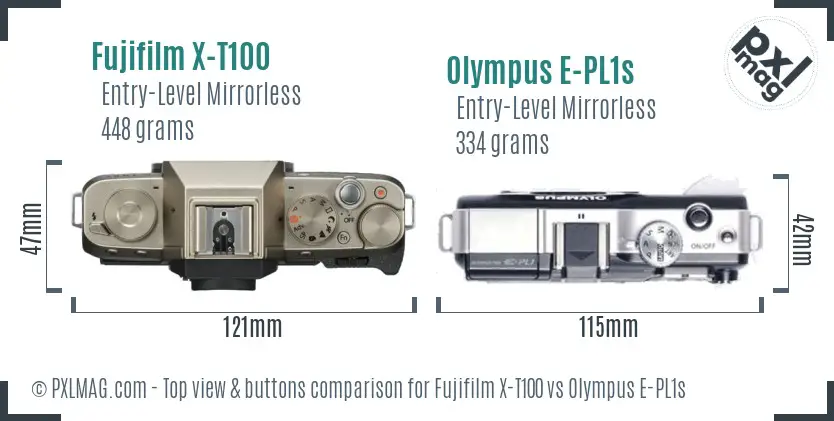Fujifilm X-T100 vs Olympus E-PL1s top view buttons comparison