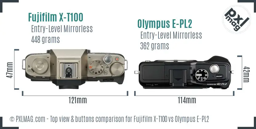 Fujifilm X-T100 vs Olympus E-PL2 top view buttons comparison