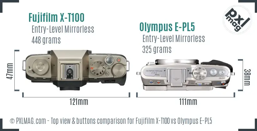 Fujifilm X-T100 vs Olympus E-PL5 top view buttons comparison
