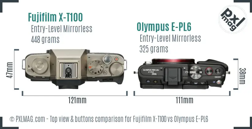 Fujifilm X-T100 vs Olympus E-PL6 top view buttons comparison