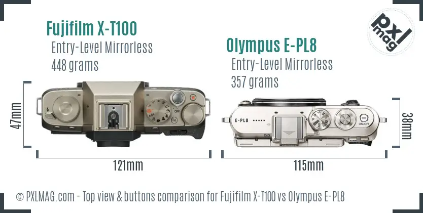 Fujifilm X-T100 vs Olympus E-PL8 top view buttons comparison