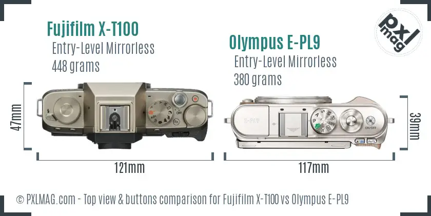 Fujifilm X-T100 vs Olympus E-PL9 top view buttons comparison