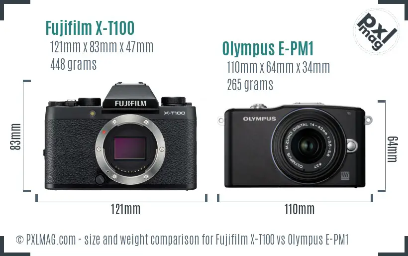 Fujifilm X-T100 vs Olympus E-PM1 size comparison