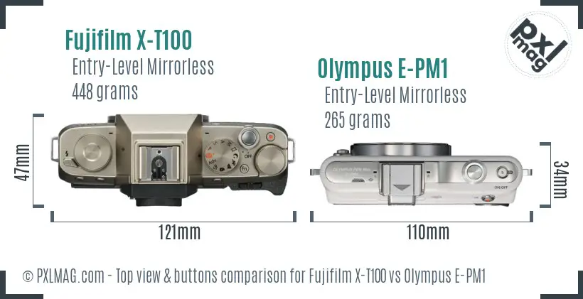 Fujifilm X-T100 vs Olympus E-PM1 top view buttons comparison