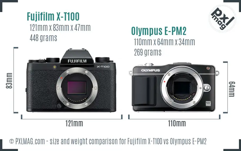 Fujifilm X-T100 vs Olympus E-PM2 size comparison