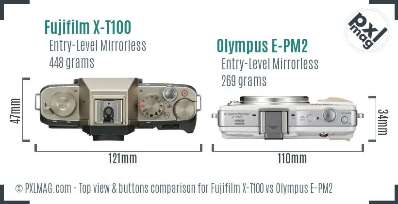 Fujifilm X-T100 vs Olympus E-PM2 top view buttons comparison