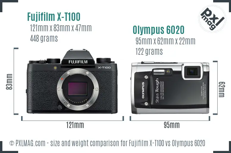 Fujifilm X-T100 vs Olympus 6020 size comparison