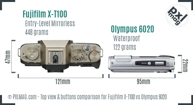 Fujifilm X-T100 vs Olympus 6020 top view buttons comparison