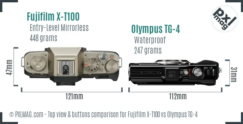 Fujifilm X-T100 vs Olympus TG-4 top view buttons comparison