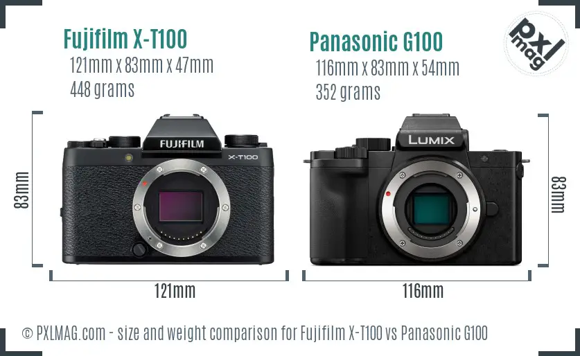 Fujifilm X-T100 vs Panasonic G100 size comparison