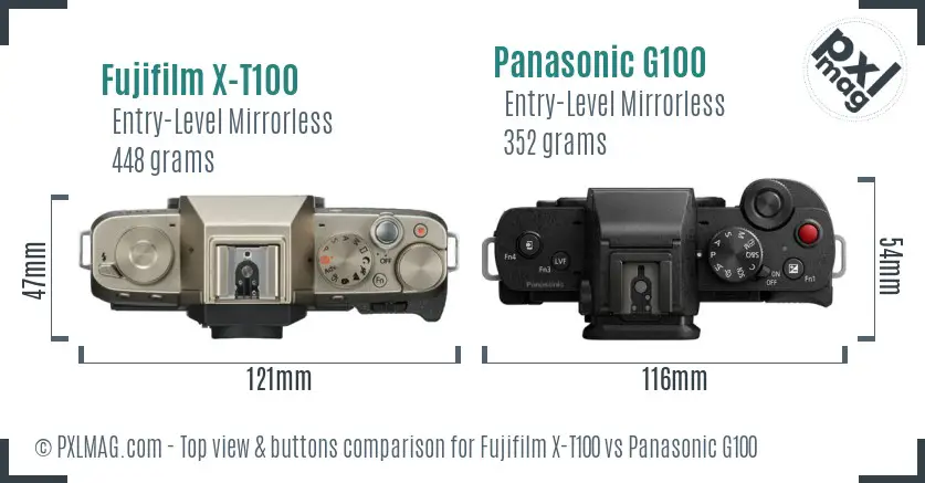 Fujifilm X-T100 vs Panasonic G100 top view buttons comparison