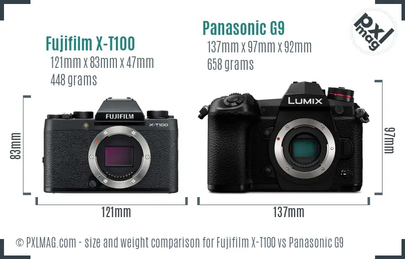 Fujifilm X-T100 vs Panasonic G9 size comparison