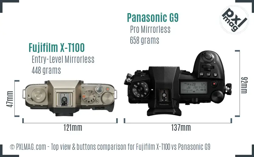 Fujifilm X-T100 vs Panasonic G9 top view buttons comparison