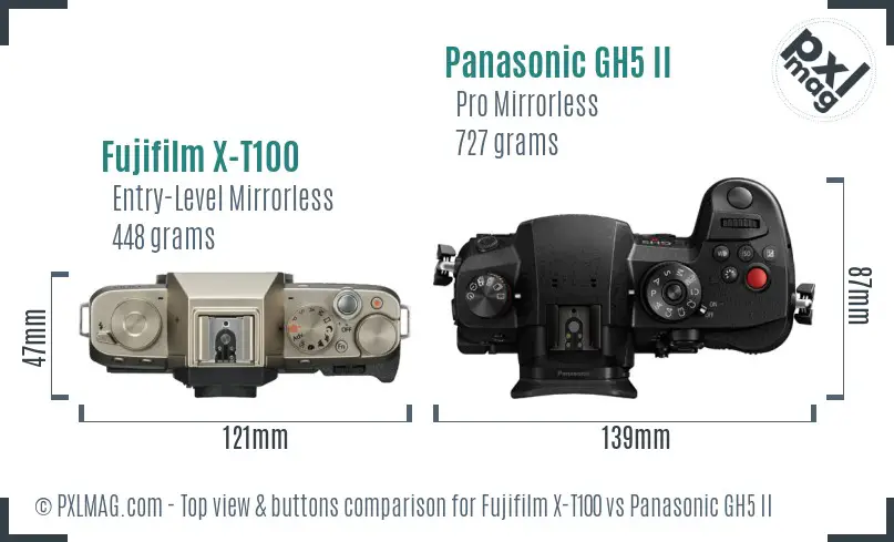Fujifilm X-T100 vs Panasonic GH5 II top view buttons comparison