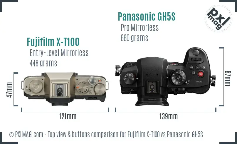 Fujifilm X-T100 vs Panasonic GH5S top view buttons comparison