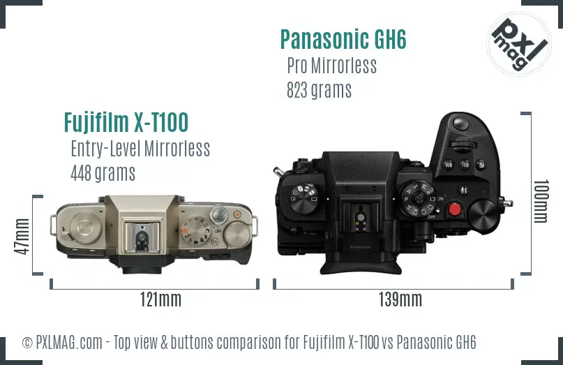 Fujifilm X-T100 vs Panasonic GH6 top view buttons comparison