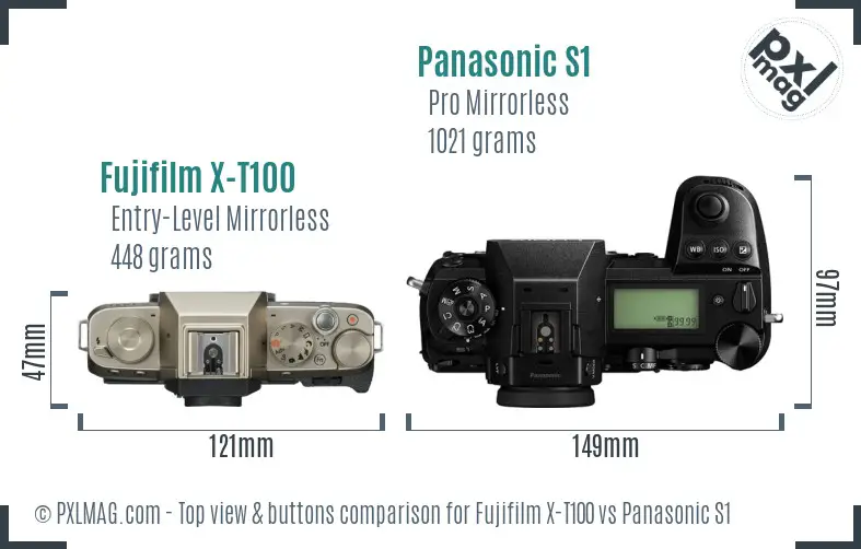 Fujifilm X-T100 vs Panasonic S1 top view buttons comparison