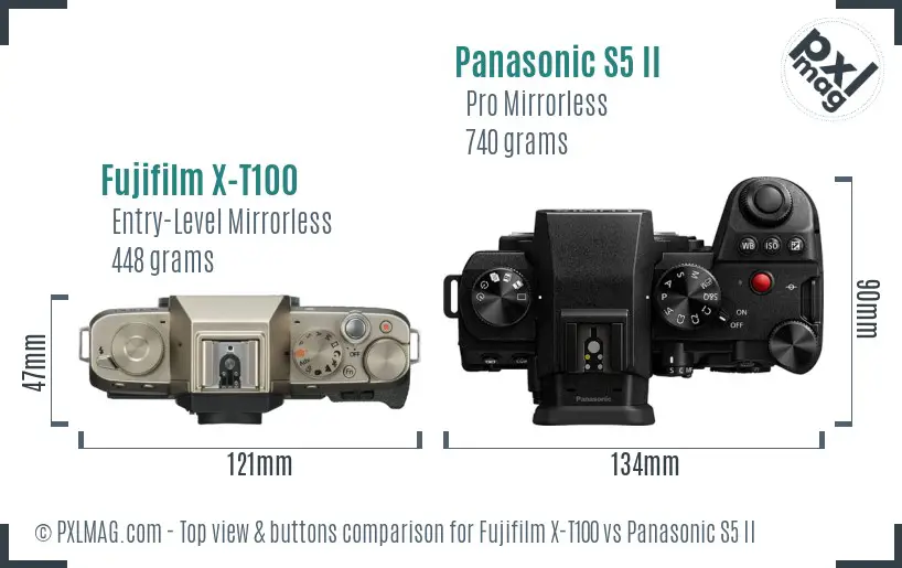 Fujifilm X-T100 vs Panasonic S5 II top view buttons comparison