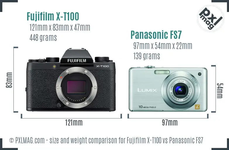 Fujifilm X-T100 vs Panasonic FS7 size comparison