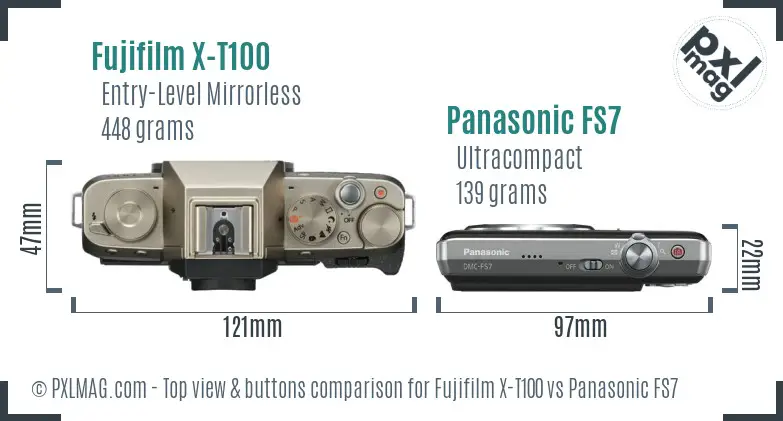Fujifilm X-T100 vs Panasonic FS7 top view buttons comparison