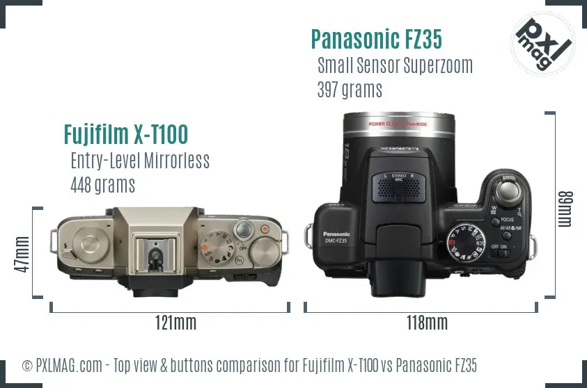 Fujifilm X-T100 vs Panasonic FZ35 top view buttons comparison