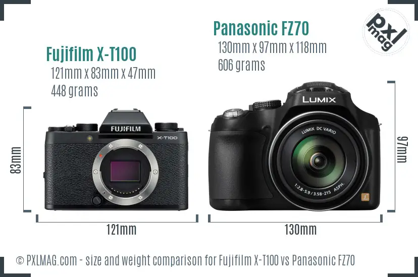 Fujifilm X-T100 vs Panasonic FZ70 size comparison