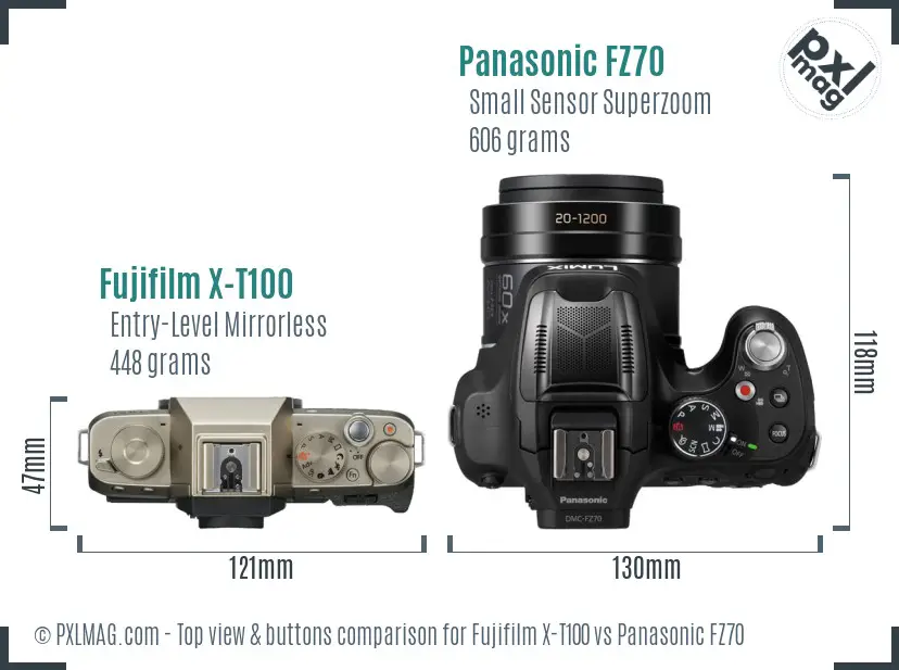 Fujifilm X-T100 vs Panasonic FZ70 top view buttons comparison
