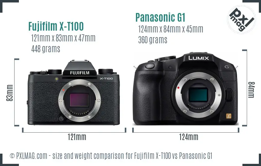 Fujifilm X-T100 vs Panasonic G1 size comparison