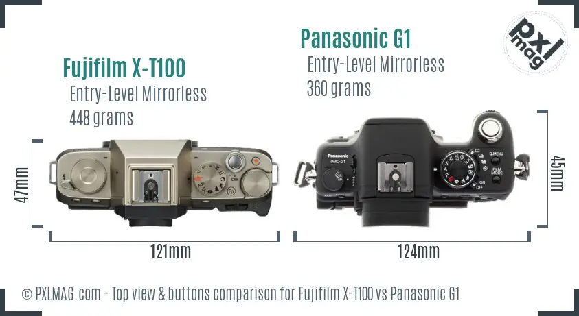 Fujifilm X-T100 vs Panasonic G1 top view buttons comparison