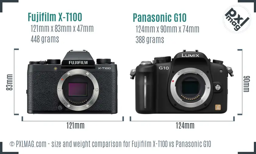 Fujifilm X-T100 vs Panasonic G10 size comparison