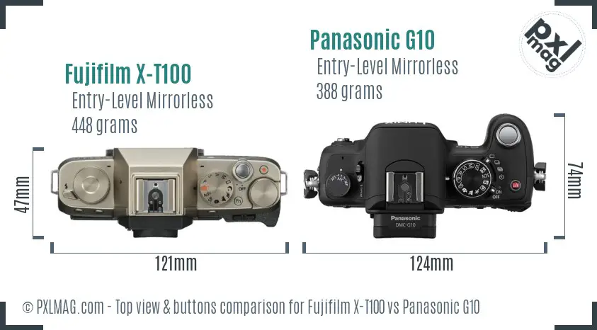 Fujifilm X-T100 vs Panasonic G10 top view buttons comparison