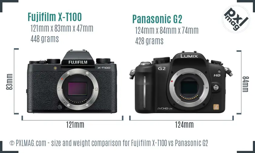 Fujifilm X-T100 vs Panasonic G2 size comparison