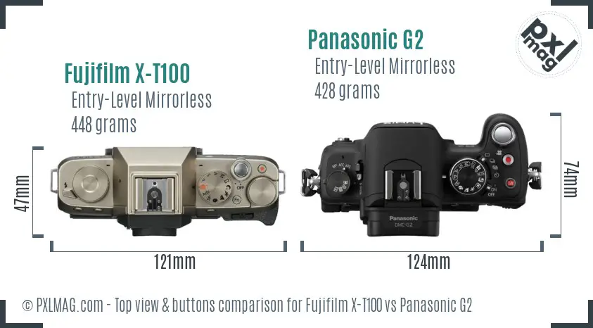 Fujifilm X-T100 vs Panasonic G2 top view buttons comparison
